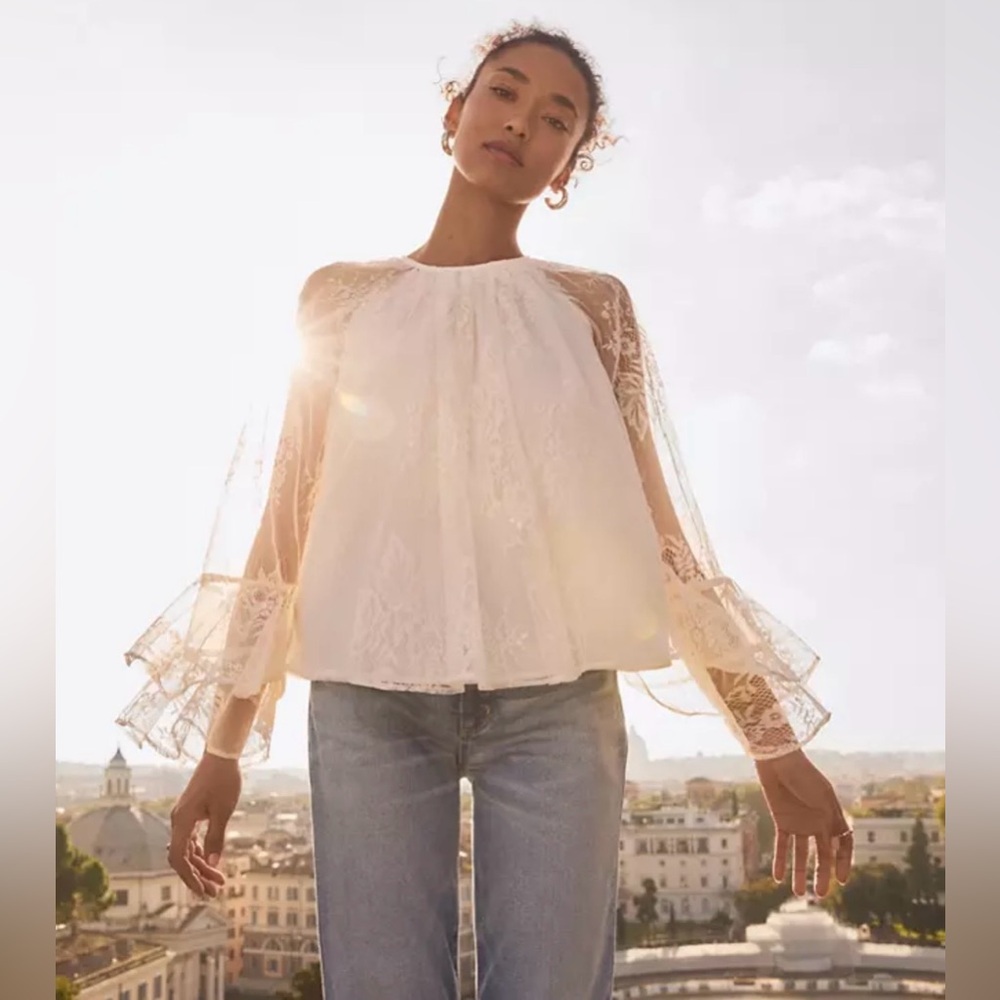 LOFT Ivory Lace Blouse with Sheer Sleeves